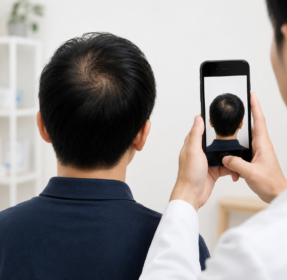 写真に写った頭頂部を気にする男性